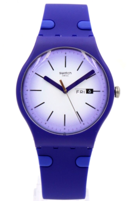 Swiss Swatch VIOLET VERBENA Silicone Deep Blue Day-Date Watch 41mm