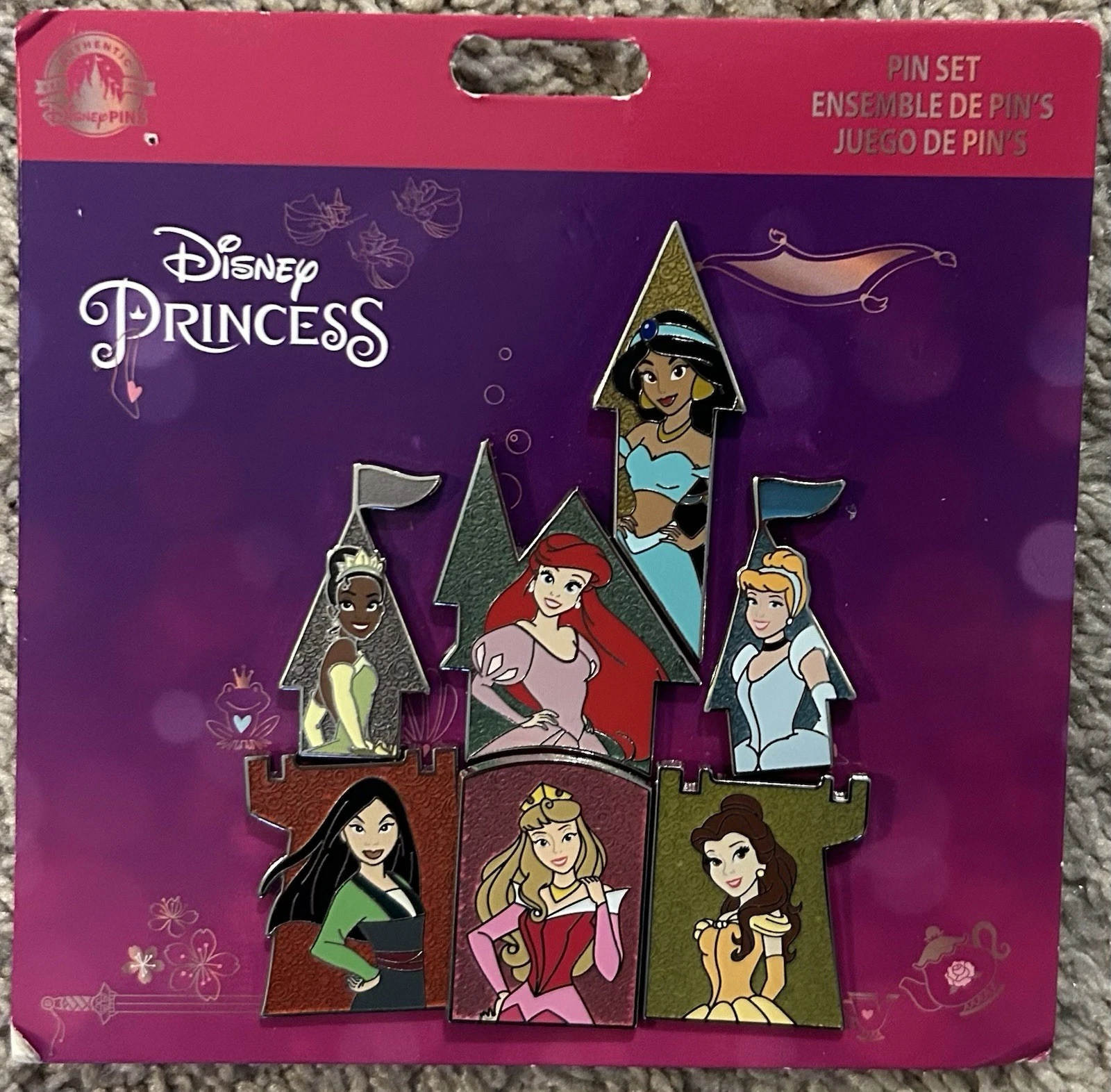 Disney - Princess Castle Puzzle - 7 Pin Set - Ariel Mulan Belle Jasmine Aurora
