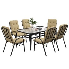 Outsunny 7 PCs Garden Dining Set w/ Umbrella Hole & Cushion, Beige