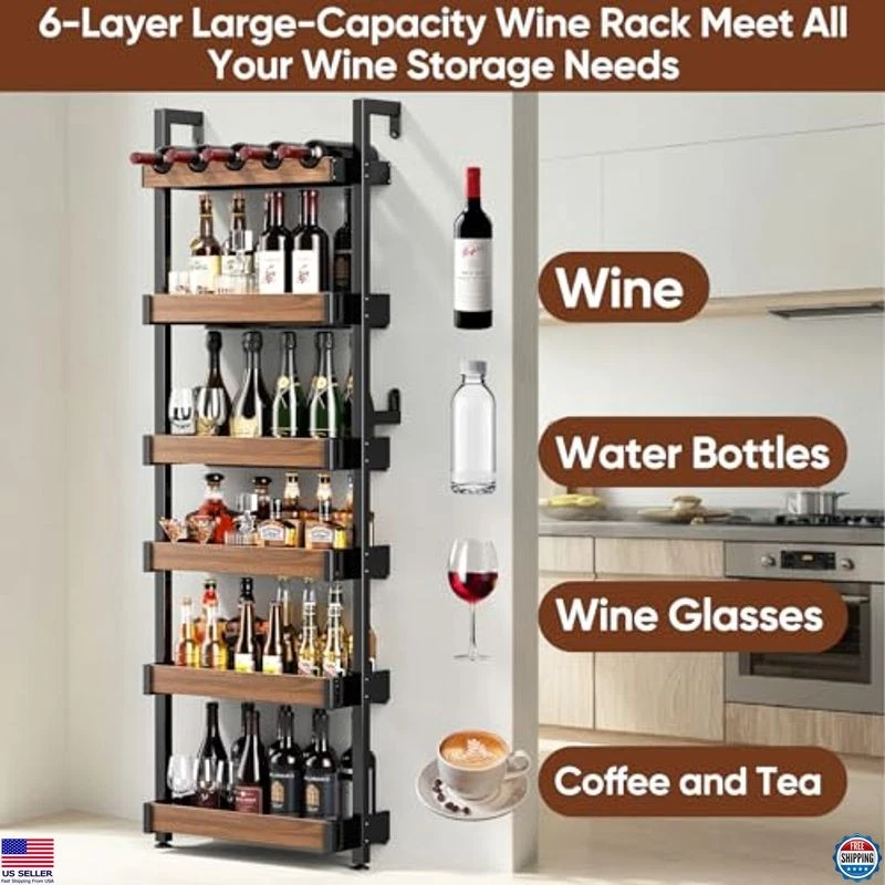 Estante para vino montado en la pared, estante de exhibición de botellas de licor de metal de 6 niveles, ajustable Foto 4 de 4