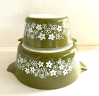 VTG PYREX 473 & 475 Casserole Dishes Spring Blossom Crazy Daisy Avocado Green