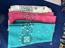 Vintage Bandanas Lot Of Three Made In USA Pink, White, Turquoise