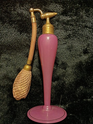 #ad Vintage DeVilbiss Perfume Atomizer Pink Satin Glass Gold Script Mark Art Deco $39.99