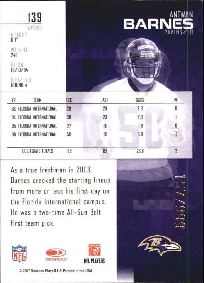 2007 Leaf Rookies and Stars Longevity #139 Antwan Barnes RC /999 - FB - Image 2 of 2