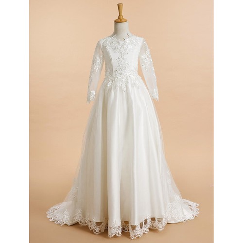 A-Line Sweep / Brush Train Flower Girl Dress Lace Tulle Long Sleeves - Picture 3 of 9