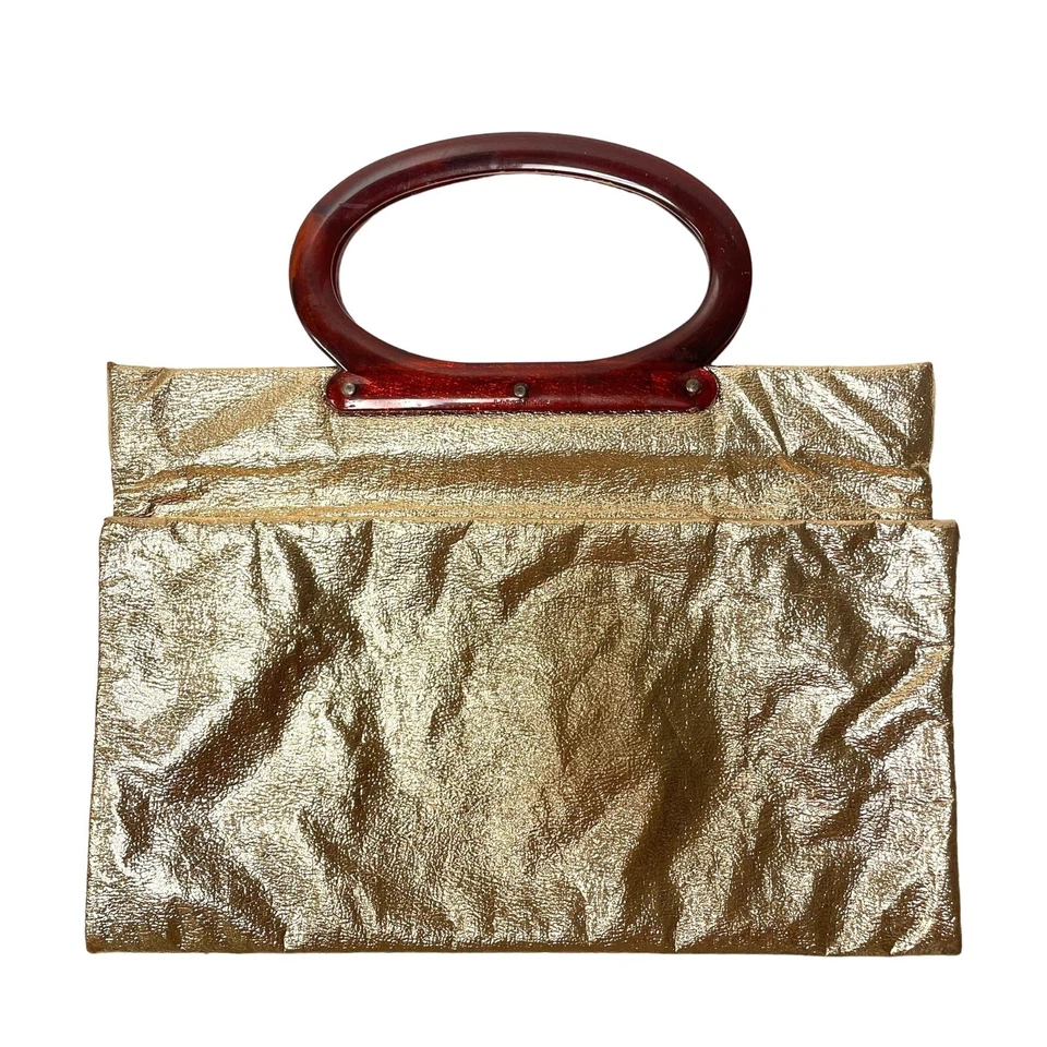 De Colección Años 70 Dama Orgullo Bolso de Mano Brillante METÁLICO DORADO Cartera MOD HIPPIE Mango Superior Foto 3 de 4