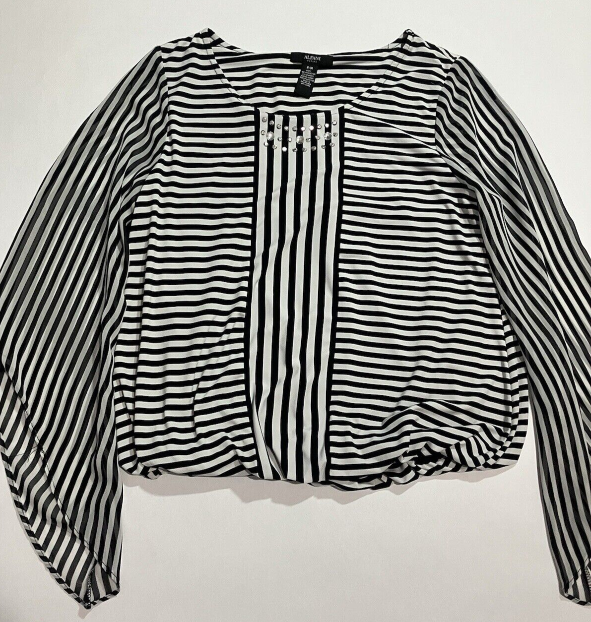 ALFANI Petite Black White Sheer Lined Cinch Waist Contrast Blouse PM