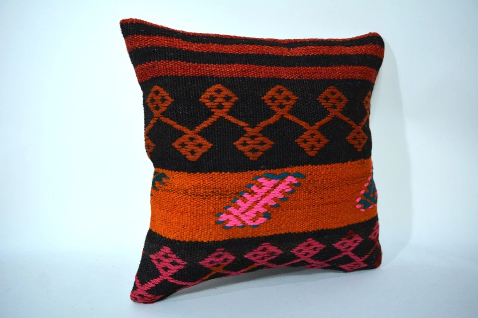 Traditional Hand Knotted Kilim Pillow, 16x16in, Antique Multicolor Retro Pillow - Image 3 of 4