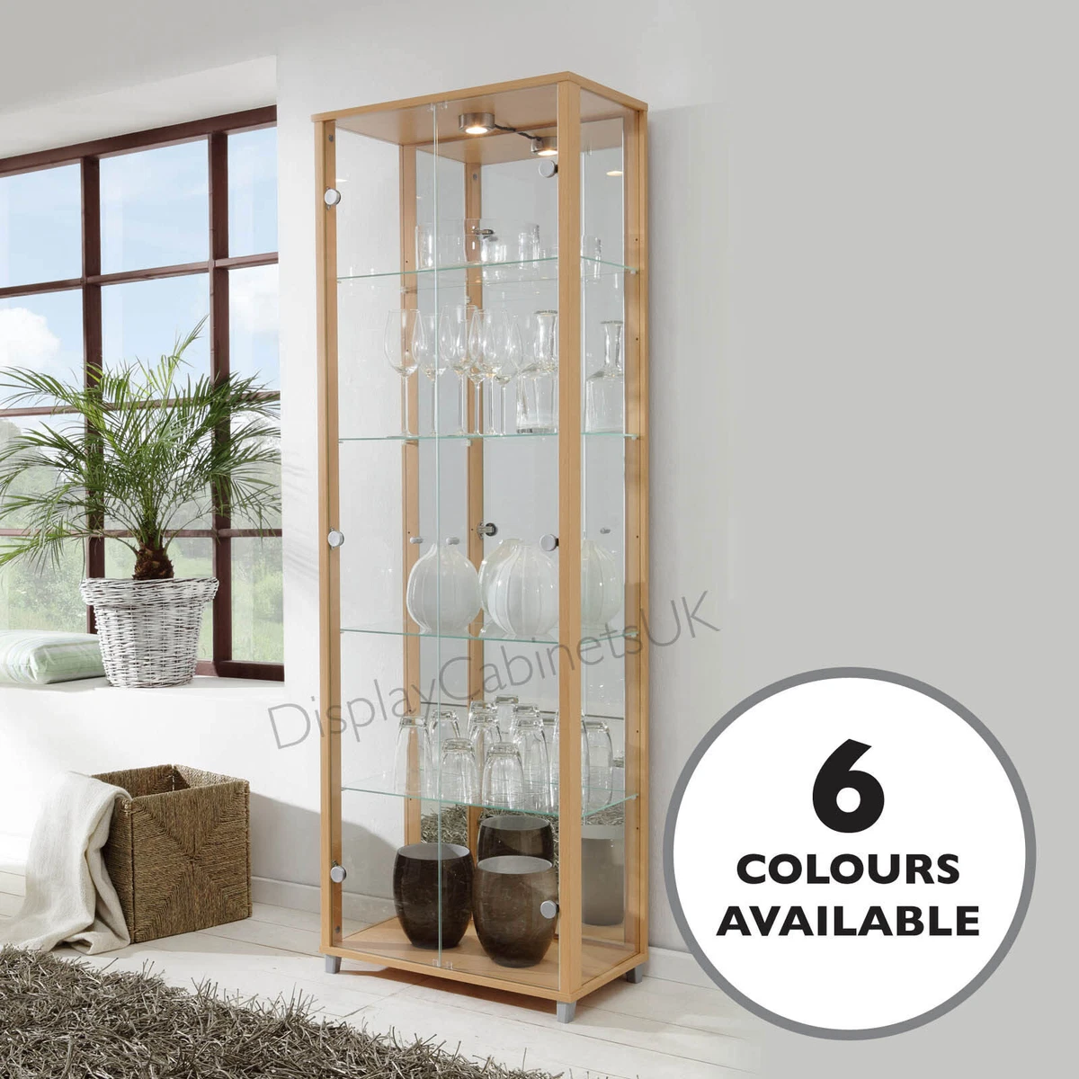 HOME Double Glass Display Cabinet Beech or Oak Effect 4 Shelves