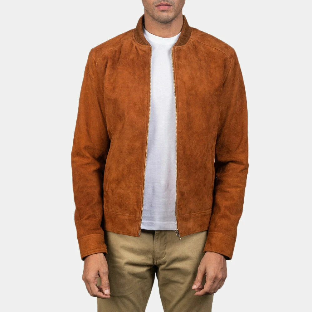 New Bomber Men's Suede Tan Jacket Soft Lambskin Slim Fit Causal Wear CoatJacket