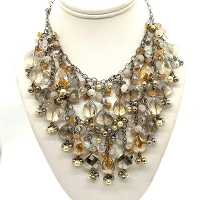 Ann Taylor Loft Bibbed Necklace Statement Glass, Faux Pearl Beads Silver-tone 