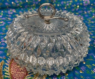 Vintage Indiana Glass Diamond Point Crystal Candy Dish with Metal Handled Lid