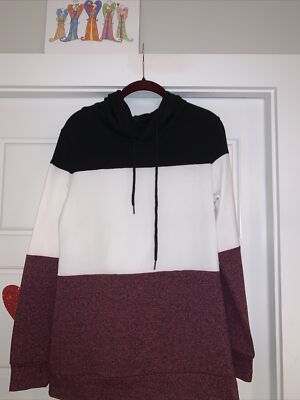 Womens Sz S White LS Hooded Sweatshirt Shirt Top Black White Pink Striped