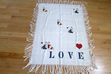 Vntg Daisy Kingdom Bunny cross stitch LOVE Baby Crib Blanket fringe Quilt 45x34