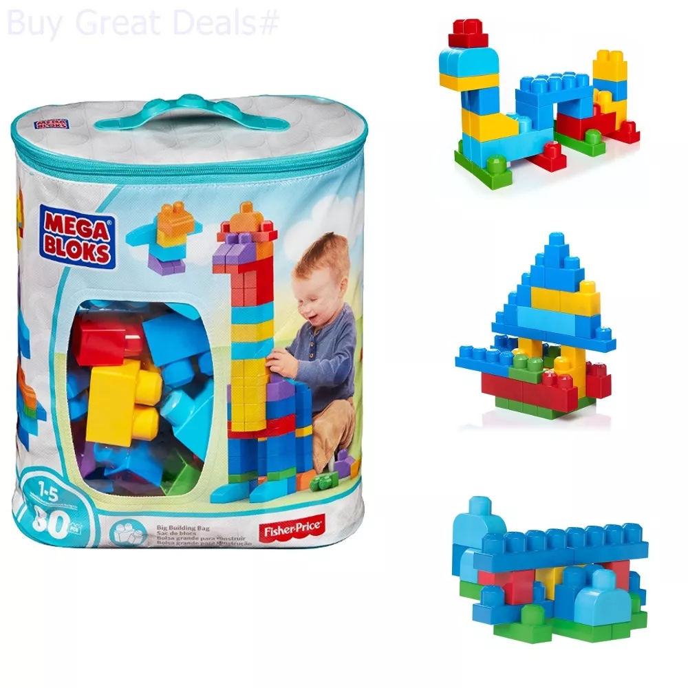 MEGA BLOKS Fisher-Price Toy Blocks Blue Big Building Bag With Storage (80  Pieces) For Toddler 