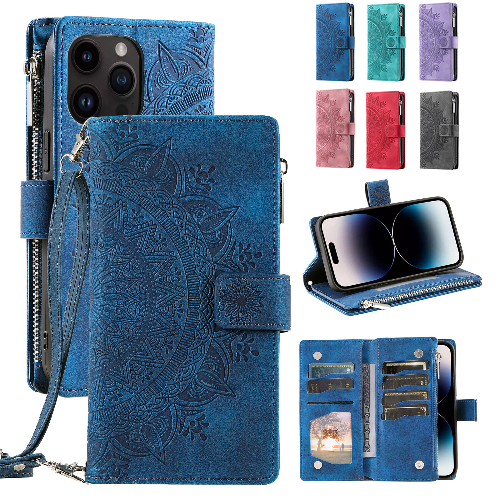 Embossed Leather Card Slots Crossbody Phone Case Compatible with iPhone 15 14 13 12 11 X 8 7