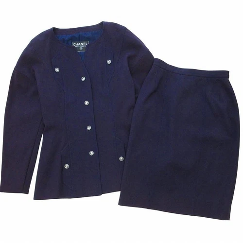 Set giacca gonna tuta Chanel anni 80 90 vintage blu navy autentico bottone marchio COCO U