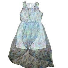 C Hi Lo Sheer Floral Watercolor Print Blue Green Pastel Dress Women's Medium NWT
