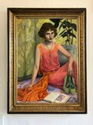 1920's Style Oil Painting Vibrant Woman's Portrait w/ Antique Frame, Signed