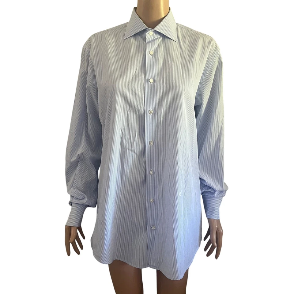 Camisa Carolina Herrera Abotonada 16 Azul Rayas Manga Larga Algodón Negocios  Foto 3 de 4