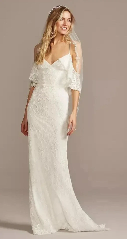 Galina Soft White Lace V Neck Cold Shoulder Sheath Bridal Wedding Gown 6 Fits 2 - Image 2 of 4