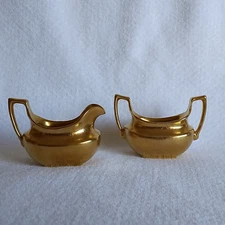Fraunfelter Ohio Antique Sugar Bowl and Creamer Gold 22K Floral Pattern 1920s.