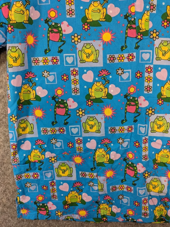 Hub A Dub Scrubs Top Women Extra Large Blue Green Pink Frogs Flowers Hearts Sun - Image 3 of 4