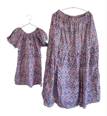 Hand Made -Hand Block Print - Mom & Daughter Matching Twinning Dress& Skirt Set