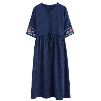 Damen Midi Kleid Ethnische Blumen Stickerei Locker Freizeit Baggy Mit Retro - Bild 1 von 4