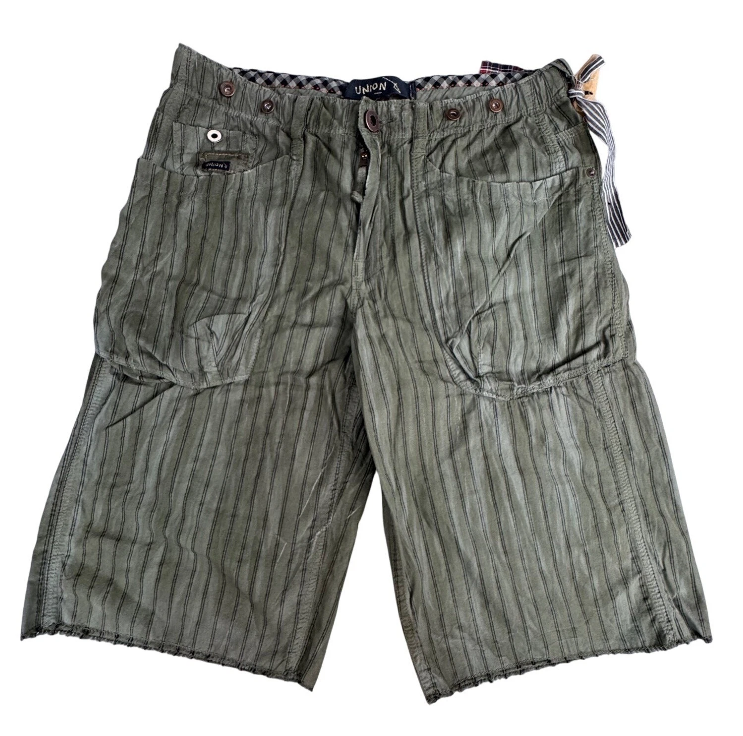 Union Mens 32 Green Striped Cotton Cargo Shorts NWT Travel Beach Vacation