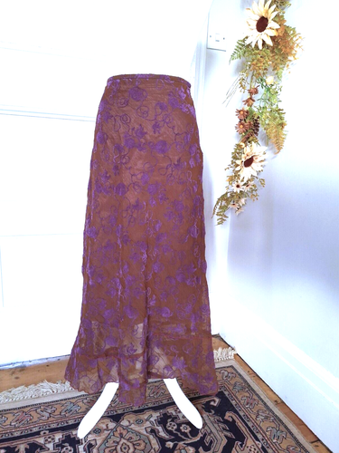 AVOCA RENAISSANCE BROWN SILK ORGANZA WITH PURPLE VELVET PATTERN MAXI SKIRT 16 - Picture 6 of 6