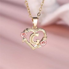 Ladies Heart Initial Letter Necklace A-Z Rose Gold Flower Pendant Gift for Women