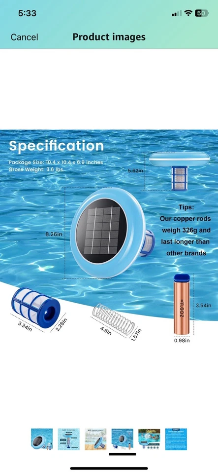 Ionizador solar para piscina cloro-limpiador de agua automático y purificador de agua hasta 35.000 galones Foto 3 de 4