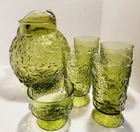 Vintage Anchor Hocking Green Glass Lido Milano Ball Pitcher and Glasses Set