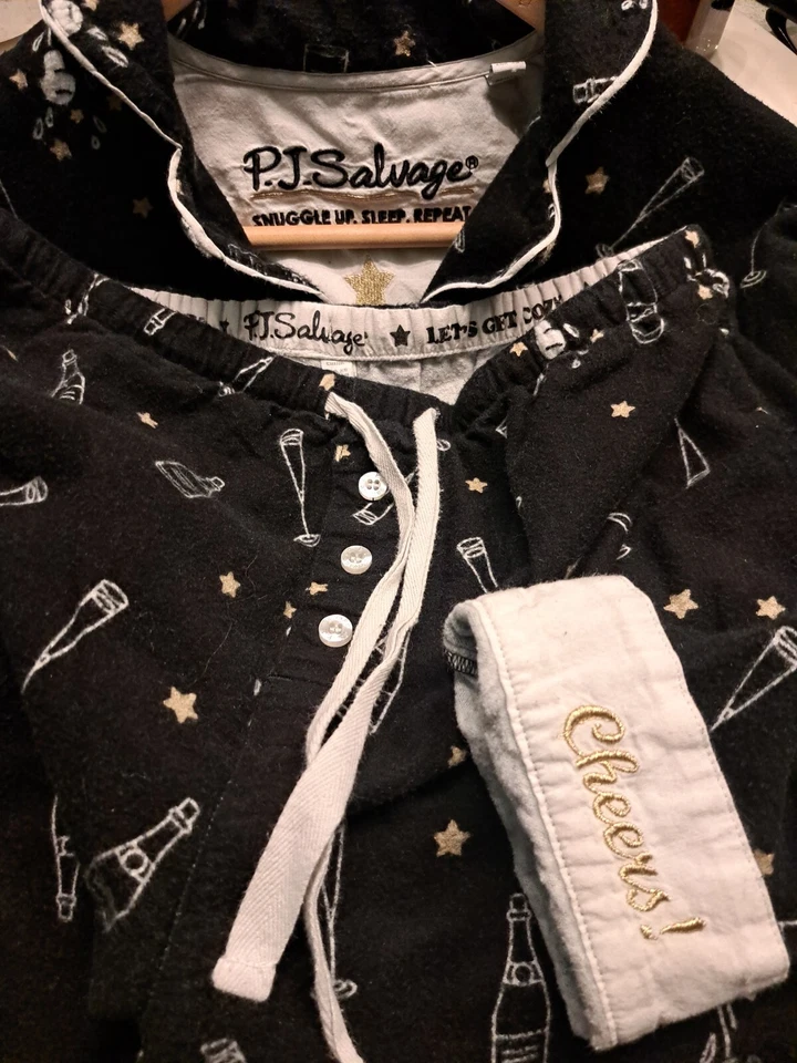 Juego de pijama PJ Salvage Champaign Cheers para mujer negro blanco dorado algodón XS bolsillos Foto 2 de 4