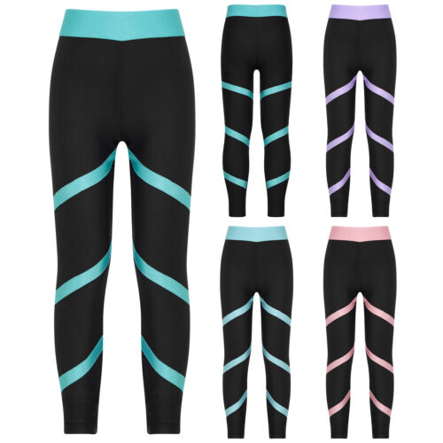 Kids Girl Sport Pants Dancing Leggings Cycling Workout Colorblock Trouser Bottom - Picture 1 of 25