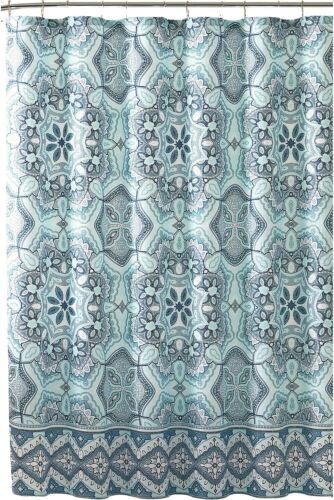 Aqua Fabric Shower Curtain: Floral Gems Mandala Print with Geometric Border