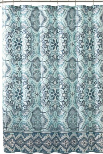 Aqua Fabric Shower Curtain: Floral Gems Mandala Print with Geometric Border - Afbeelding 1 van 3