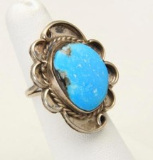 Vintage Sterling Silver Twisted Rope Detail Turquoise Ring Size 5
