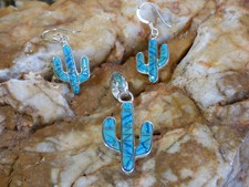 Saguaro Cactus 925 Turquoise Opal Multi Stone Pendant Earring 3pc set NEW P