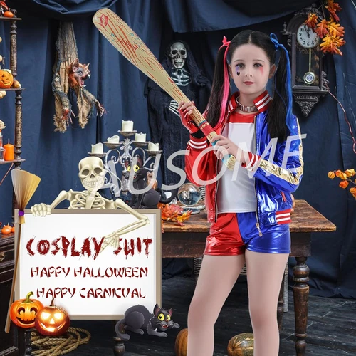 Book Week Harley Quinn Kids Jacket Shorts Costume Outfit & Baseball Bat Cosplay - Picture 5 of 25