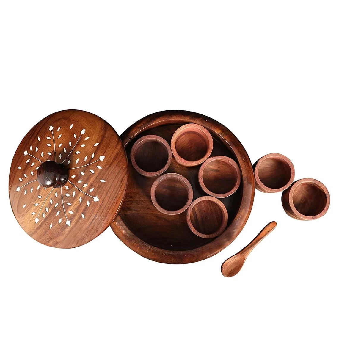 Wood Spice Box Masala Box Wooden Utility Masala Box with 7 Containers & Spoon