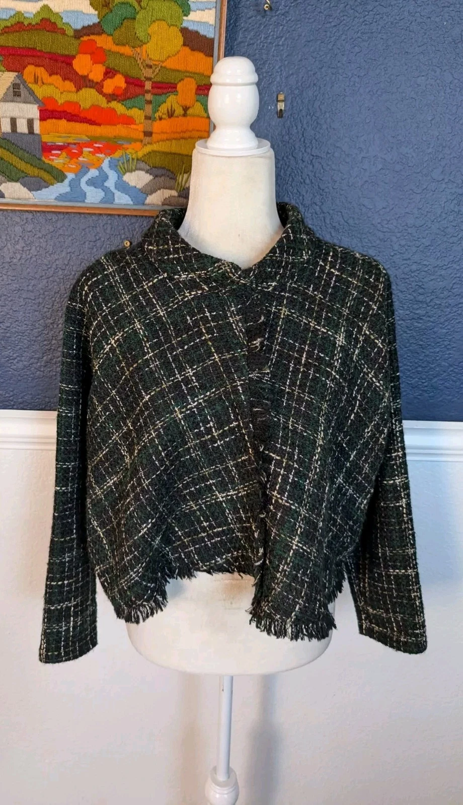 Zara Tweed Plaid Sweater Black Green Poncho Cape Crop Cropped Irish Sz Medium M