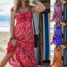 Bohemian Maxi Beach Dress Floral Print V-Neck Short Sleeve Summer Casual Wear