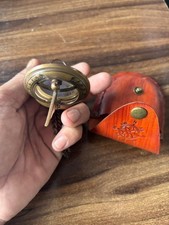 Vintage Brass Sundial Compass with Leather Case, Antique Bronze Chain, Red Leath