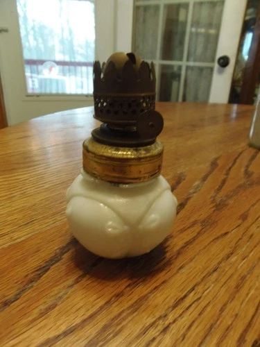 Vintage A B Co Nutmeg Brass Oil Lamp Burner, Milk Glass Miniature Oil Lamp