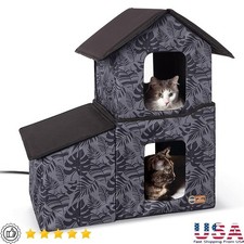 Heated Cat House Two Story Insulated Shelter W/ Dining Room Outdoor Cats New