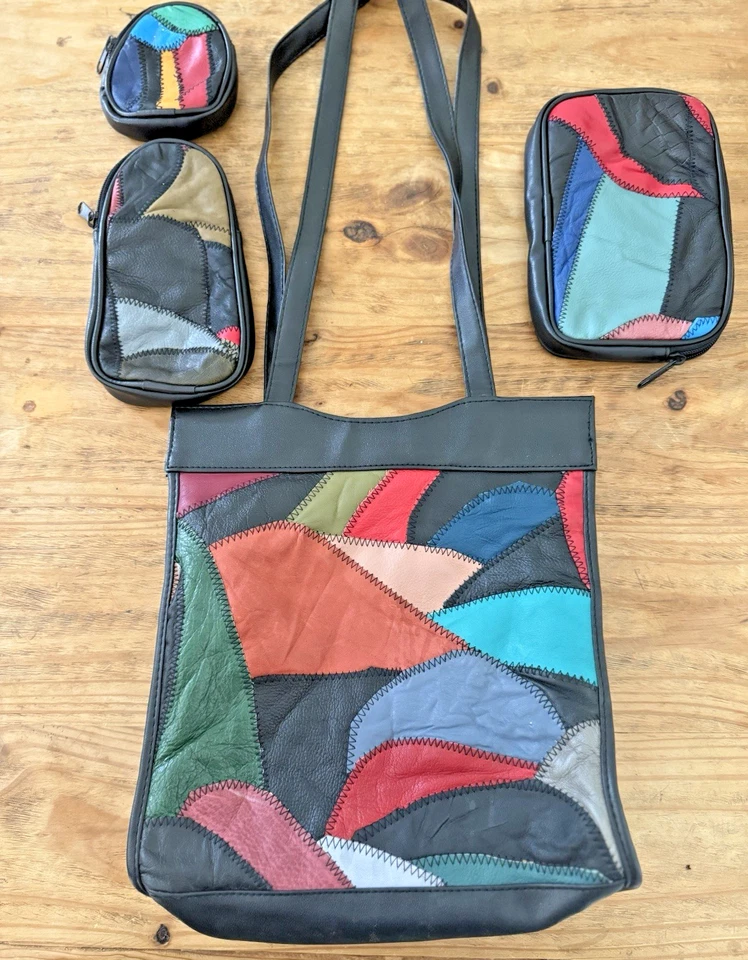 VTG Leather Patchwork Tote Bag + 3 Accesory Pouches Multicolor Boho Shoulder Bag - Image 2 of 4