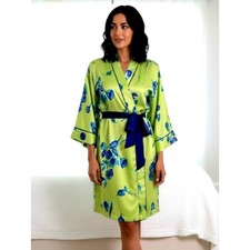 Vintage Natori Kimono Robe 80s/90s Satin Floral Lime Royal Blue Size L GVC