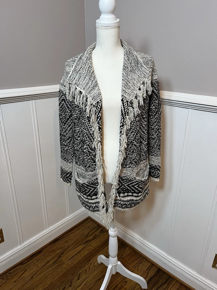Cárdigan suéter J. Jill Willow Fair Isle manga larga flecos dobladillo negro/blanco XS Foto 3 de 4